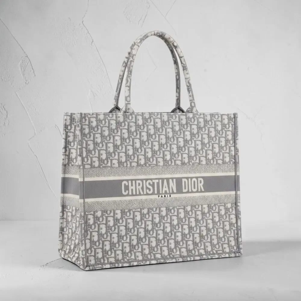 DIOR Large Dior Book Tote Gray White Oblique Canvas MINT